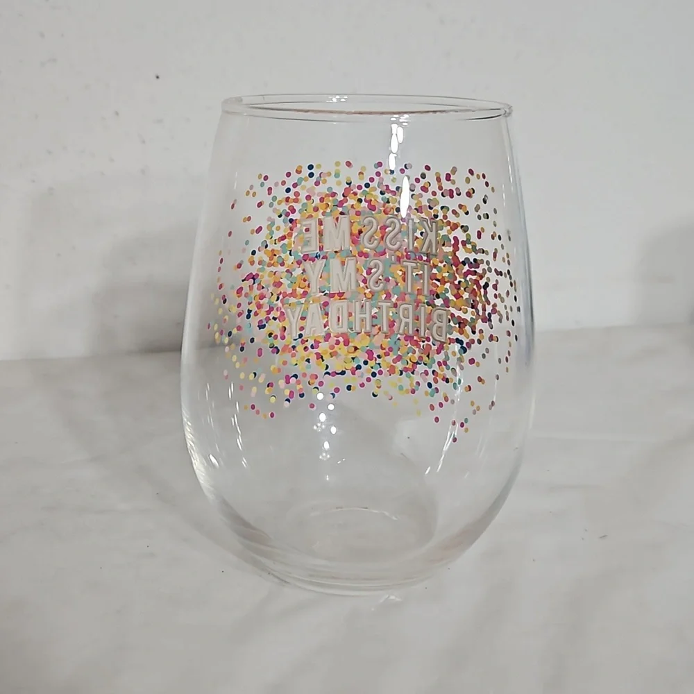kiss me it's my happy birthday multi color polka dot painted stemless wine Glass